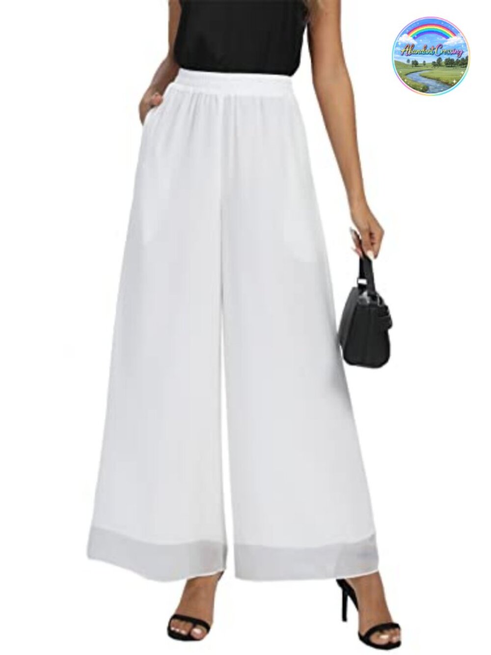 Chiffon Wide Leg Palazzo Pants Elastic Waist Pull On with Pockets